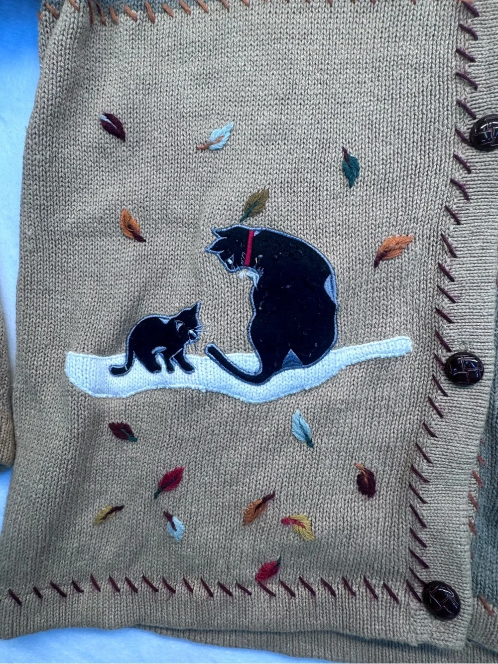 Vintage All Points Cat Patchwork Cardigan Sweater Ramie Cotton M